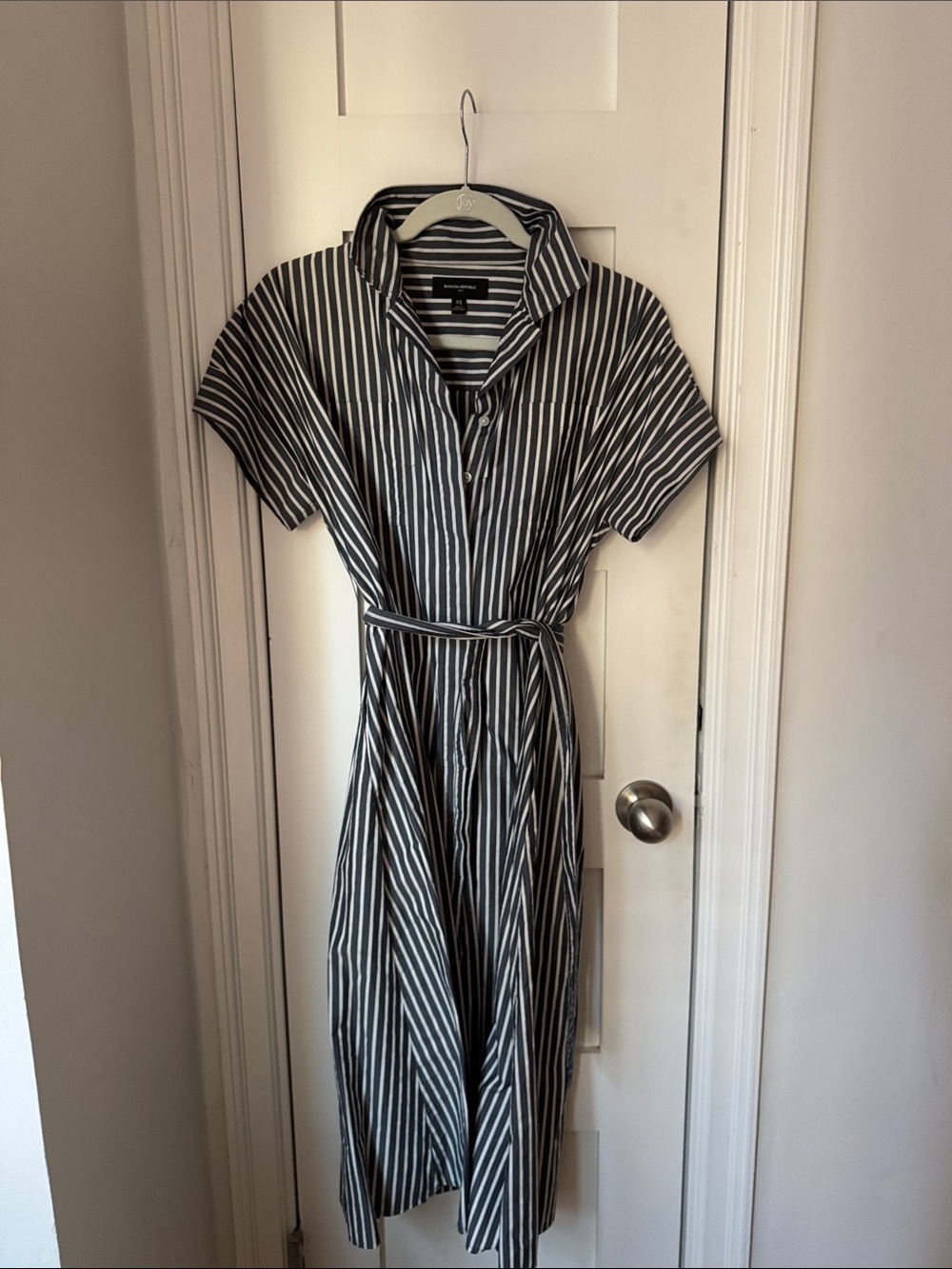 Striped Grey & White Shirt Dress with Waist Tie